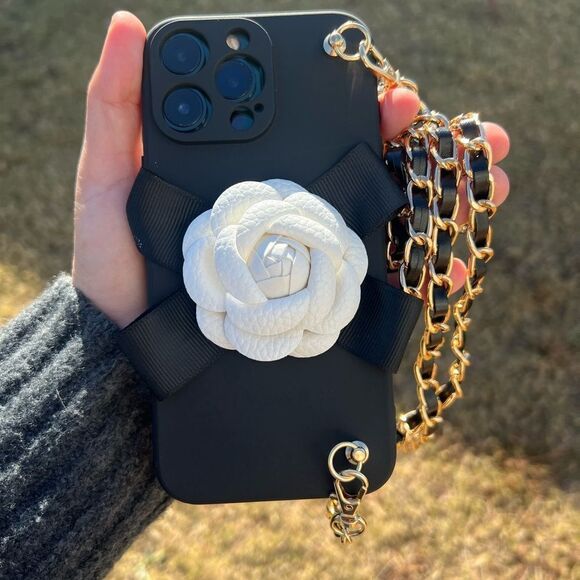 Elegant Chain Strap iPhone 16 Case with White Flower Accent - Picture 4 of 9